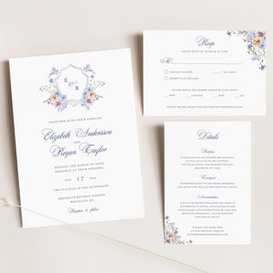 Floral Crest Wedding Invitation Set Template, Dusty Blue Wildflower Crest Invite, Instant Download Watercolor Floral Crest Wedding Suite C03