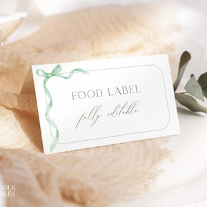 Editable Green Bow Buffet Card Template, Sage Food Label, Green Baby Shower Food Card, Printable Cute Boy Shower Place Card, Tented, S18