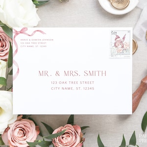 Editable Dusty Pink Bow Envelope Address Template, Personalised Girl Baby Shower Address Label, Printable Instant Addressed Envelope A7, S16