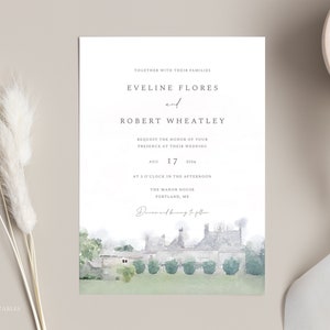 OTTILIE Manor House Wedding Invitation Template, Watercolor Castle Wedding Invite, Digital Venue Invitation, Editable Printable Invitation