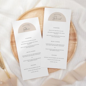 Minimalist Semi-Circle Wedding Menu Place Card Template, Printable Dinner Menu, Half-Circle Name Menu Cards Wedding, Editable Modern Menu