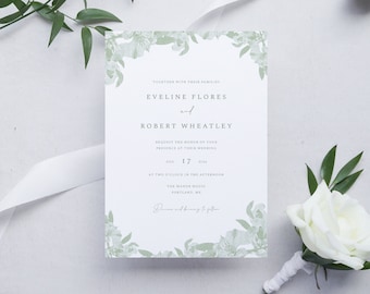 Green Vintage Floral Invitation Template, Romantic Wedding Invitation, Botanical Invite, Sage Green Flowers Invitation, Printable DIY, B03