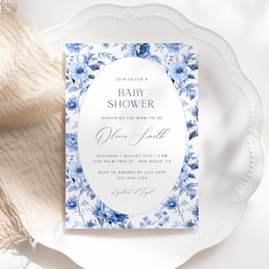 Editable Blue Toile Baby Shower Invitation Template, Dusty Blue Chinoiserie Baby Shower Invite, Printable Blue Floral Toile Baby Invite, A25