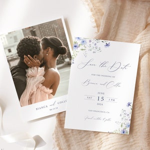 Dusty Blue Floral Save The Date Template, Editable Photo Frame Save The Date, Printable Blue Flowers Save The Date, Wildflower Save Date S11