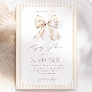 Editable Beige Bow & Stripes Baby Shower Invitation, Gender Neutral Ribbon Baby Shower Invite, Light Beige Coquette Bow Baby Shower Card S64
