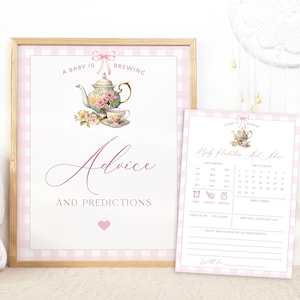 Printable Pink Tea Party Baby Predictions & Advice, Baby Girl Is Brewing Predictions And Advice Game, Baby Brunch Predictions Sign Cards T02