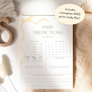 Yellow Bow Baby Shower Predictions And Advice Cards, Neutral Pastel Yellow Baby Shower Predictions Template, Butter Yellow Baby Shower, S45