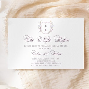 Editable Floral Crest Rehearsal Dinner Invitation Card Template, Editable Monogram Lilac Pink Crest The Night Before Dinner Invite, W33