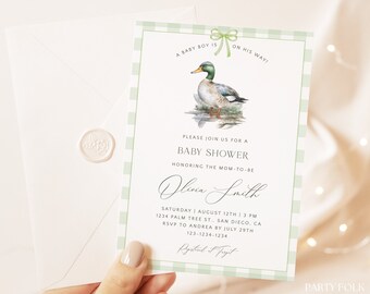 Editable Mallard Duck Boy Baby Shower Invitation Template, Green Gingham Bow Duck Baby Shower Invite, Printable Duck Baby Shower Invite, W37