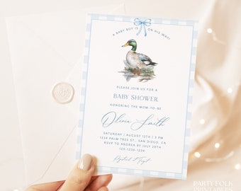 Editable Mallard Duck Boy Baby Shower Invitation Template, Blue Gingham Bow Duck Baby Shower Invite, Printable Duck Baby Shower Invite, W21