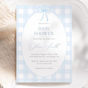 Editable Blue Gingham & Bow Baby Shower Invitation Template, Blue Gingham Preppy Boy Baby Shower Invite, Printable Blue Ribbon Invite, G01