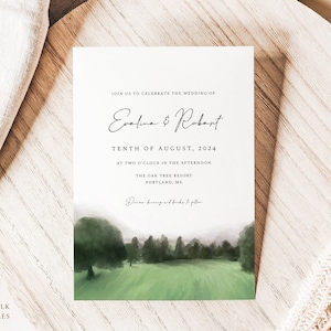 OAK Woodland Wedding Invitation Digital Template, Watercolor Forest Editable Invitation, Mountain and Forest Invite, Green Field DIY Invite