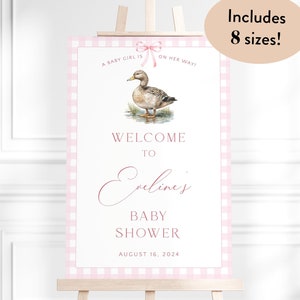 Editable Mallard Duck Girl Baby Shower Welcome Sign Template, Instant Pink Gingham Bow Duck Shower Welcome Sign, Printable Duck Poster, W48