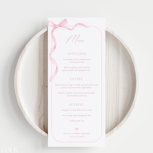 Editable Pink Bow Baby Shower Menu Template, Blush Pink Ribbon Shower Menu, Minimalist Pink Dinner Menu, Printable Girl Bow Baby Shower, S25