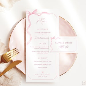Editable Pink Bow Place Card & Menu Templates, Blush Pink Ribbon Baby Shower Dinner Menu Name Card, Printable Girl Shower Name Card Menu S25