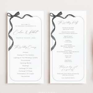 Black Bow Wedding Program Digital Template, Black Ribbon Program, Editable Event Program, Minimalist Wedding Ceremony Programme Instant, S20