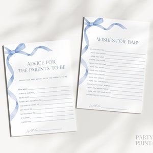 Blue Bow Wishes For Baby Advice For Parents-to-be, Printable Dusty Blue Baby Shower Advice And Wishes, Editable Boy Baby Shower Games, S14