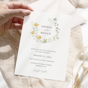 Boho Floral Wedding Invitation Template, Rustic Yellow Wildflower Printable Wedding Invitation, Editable Floral Frame Wedding Invitation E05