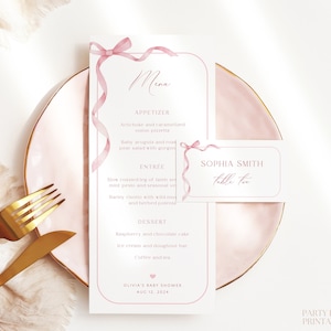 Editable Dusty Pink Bow Place Card & Menu Templates, Pink Ribbon Baby Shower Dinner Menu Name Card, Printable Girl Shower Name Card Menu S16