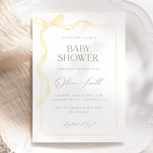 Editable Yellow Bow Baby Shower Invitation Template, Pastel Yellow Baby Shower Invite, Instant Butter Yellow Secret Gender Shower Invite S45