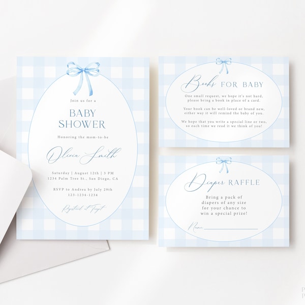 Editable Blue Preppy Gingham Baby Shower Invitation Template Set, Gingham Blue Bow Boy Baby Shower Invite, Printable Blue Ribbon Invite, G01