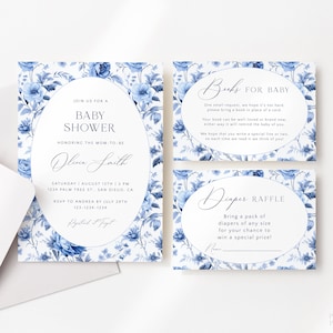 Editable Blue Toile Baby Shower Invitation Template Set, Dusty Blue Chinoiserie Baby Shower Invite, Printable Blue Floral Toile Invite, A25