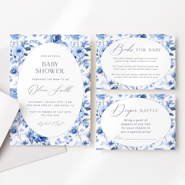 Editable Blue Toile Baby Shower Invitation Template Set, Dusty Blue Chinoiserie Baby Shower Invite, Printable Blue Floral Toile Invite, A25