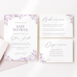 Lilac Vintage Florals Baby Shower Invitation Set Template, Editable Purple Baby Shower Invite, Lavender Shower Printable Flower Invite, A07