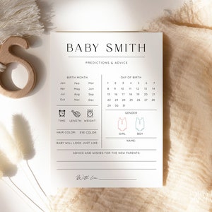 Personalized Minimalist Baby Shower Predictions And Advice Cards, Classic Baby Predictions Template, Editable Instant Predictions Game, S04