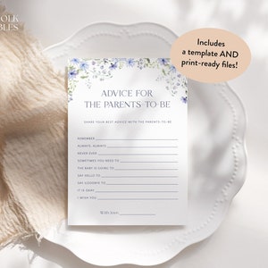 Editable Blue Floral Baby Shower Advice Card, Advice For The Parents-to-be Template, Printable Wildflower Advice Wishes For New Parents, S10