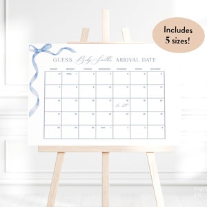 Editable Blue Bow Guess The Due Date Calendar Template, Dusty Blue Ribbon Guess Baby's Birthday, Printable Boy Baby Shower Due Date Game S14