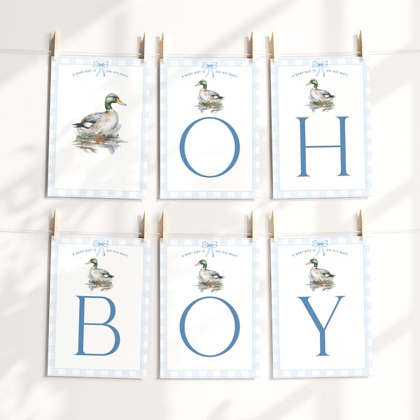 Editable Mallard Duck Boy Baby Shower Banner Template, Blue Gingham Bow Duck Shower Flag Banner, Printable Baby Boy Is On His Way Banner W21