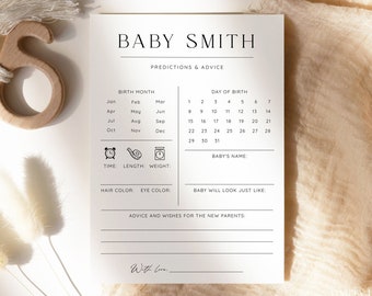 Personalized Minimalist Baby Shower Predictions And Advice Cards, Classic Baby Predictions Template, Editable Instant Predictions Game, S04