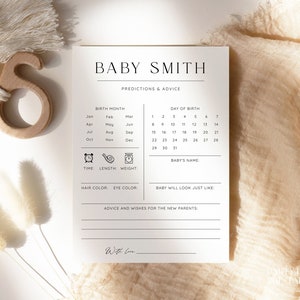 Personalized Minimalist Baby Shower Predictions And Advice Cards, Classic Baby Predictions Template, Editable Instant Predictions Game, S04