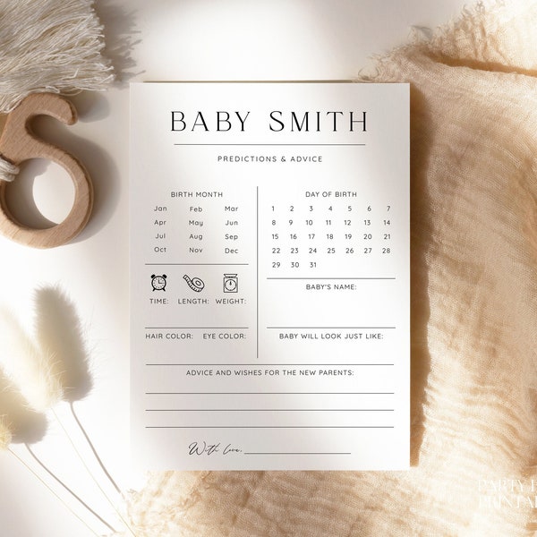 Personalized Minimalist Baby Shower Predictions And Advice Cards, Classic Baby Predictions Template, Editable Instant Predictions Game, S04