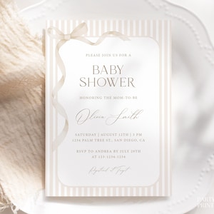 Editable Beige Bow & Stripes Baby Shower Invitation, Gender Neutral Ribbon Baby Shower Invite, Minimalist Modern Beige Baby Shower Card, S41