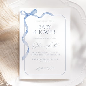 Editable Blue Bow Baby Shower Invitation Template, Blue Baby Shower Invite, Minimalist Dusty Blue Baby Card, Printable Boy Baby Shower, S14