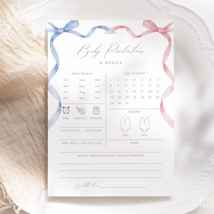 Pink Blue Baby Predictions And Advice Cards, Gender Reval Baby Predictions Template, Editable Bow Ribbon Baby Shower Guessing Game, W34