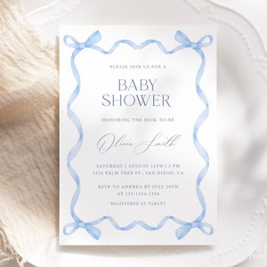 Blue Ribbon Frame Baby Shower Invitation Template, Editable Blue Bow Baby Shower Invite, Instant Dusty Blue Boy Baby Shower Invitation, S27