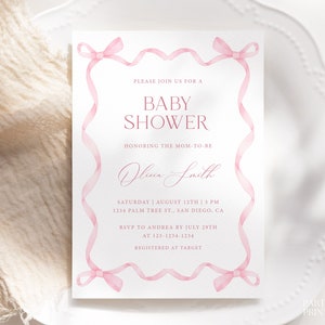 Pink Ribbon Frame Baby Shower Invitation Template, Editable Pink Bow Baby Shower Invite, Instant Blush Pink Girl Baby Shower Invitation, S28