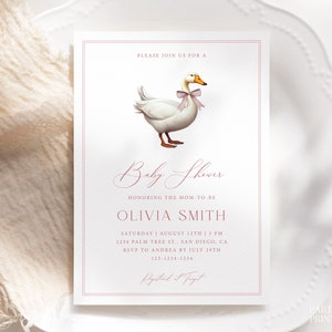 Editable Goose Pink Bow Baby Shower Invitation Template, Instant Dusty Pink Duck Baby Shower Invite, Printable Goose Girl Shower Invite, W43