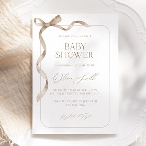 Editable Beige Bow Baby Shower Invitation, Gender Neutral Ribbon Baby Shower Invite, Minimalist Beige Baby Card, Modern Boho Baby Shower W35