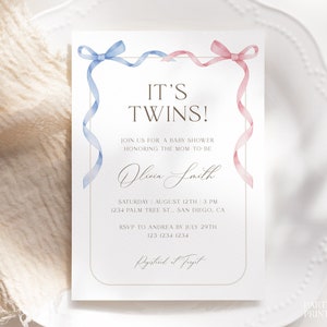 Editable It's Twins Baby Shower Invitation Template, Printable Pink Blue Bow Ribbon Twins Invite, Girl Boy Twins Shower Invite Download, W34