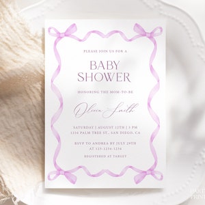 Purple Ribbon Frame Baby Shower Invitation Template, Editable Purple Bow Baby Shower Invite, Instant Lilac Girl Baby Shower Invitation, S30