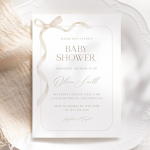 Editable Light Beige Bow Baby Shower Invitation, Gender Neutral Ribbon Baby Shower Invite, Minimalist Modern Boho Beige Baby Shower Card S26