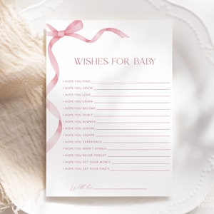 Pink Bow Wishes For Baby Card, Printable Dusty Pink Baby Shower Prayers For Baby, Editable Girl Baby Shower Games, Hopes For Baby Girl, S16