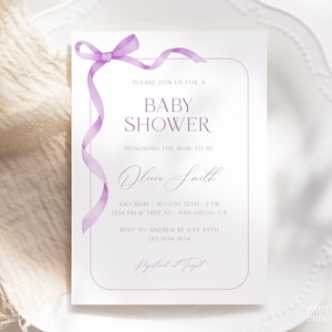 Editable Lilac Bow Baby Shower Invitation Template, Purple Girl Boy Baby Shower Invite, Lilac Baby Card, Printable Lavender Baby Shower, S15