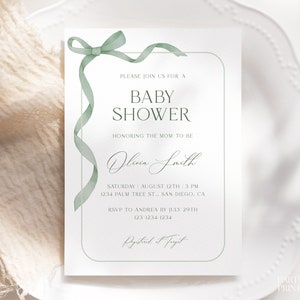 Editable Sage Green Bow Baby Shower Invitation Template, Gender Neutral Ribbon Baby Shower Invite, Sage Baby Card, Instant Green Invite, S24