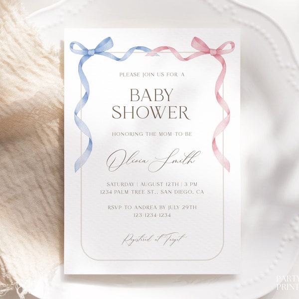 Editable Pink & Blue Bow Baby Shower Invitation Template, Printable Pink Blue Twins Invite, Girl Boy Baby Shower Invite, Gender Neutral, W34
