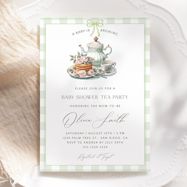 Editable Green Baby Shower Tea Party Invitation Template, Baby Is Brewing Brunch Invite, Gender Neutral Green Gingham Baby Shower Invite T05